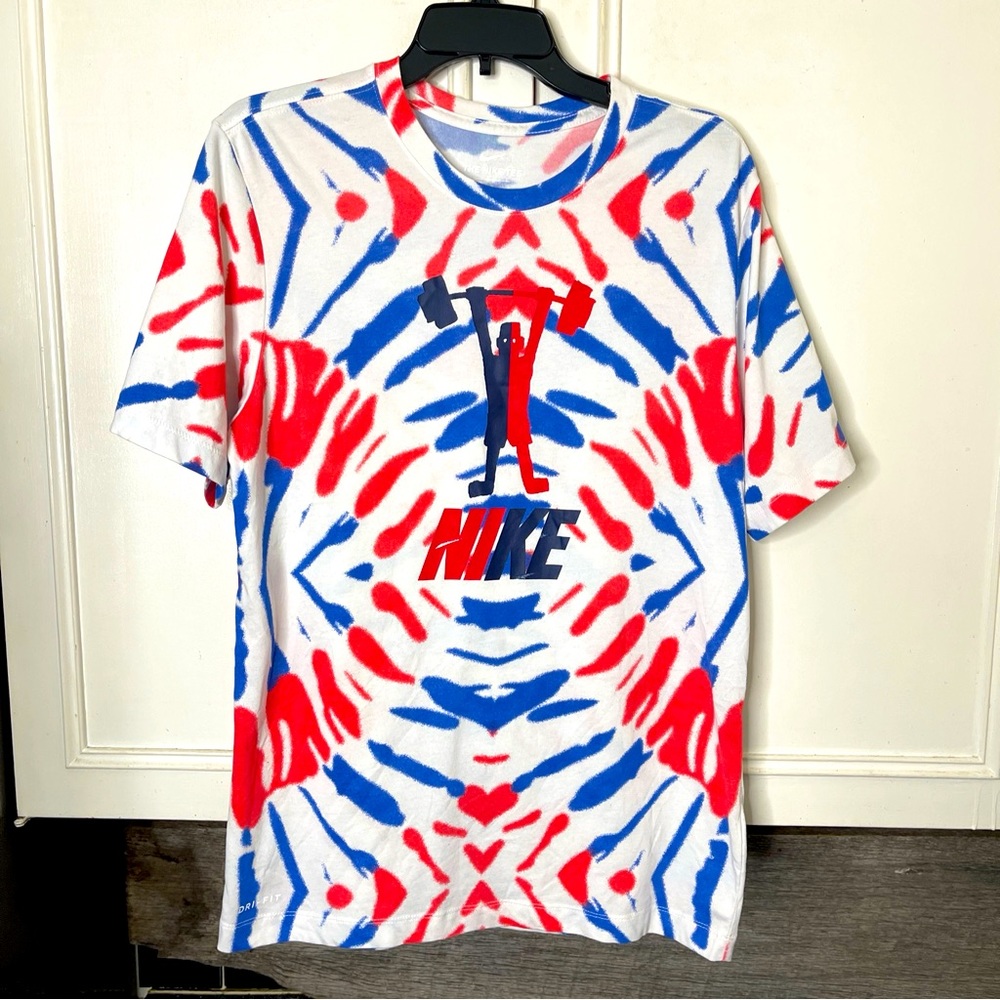 Nike Dri-Fit Shirt T-Shirt Mens Medium Blue White Red Weightlifting Short Sleeve